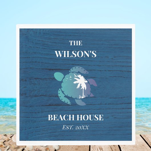 シックネイビーブルーウッドタートルファミリービーチハウス スタンダードランチョンナプキン