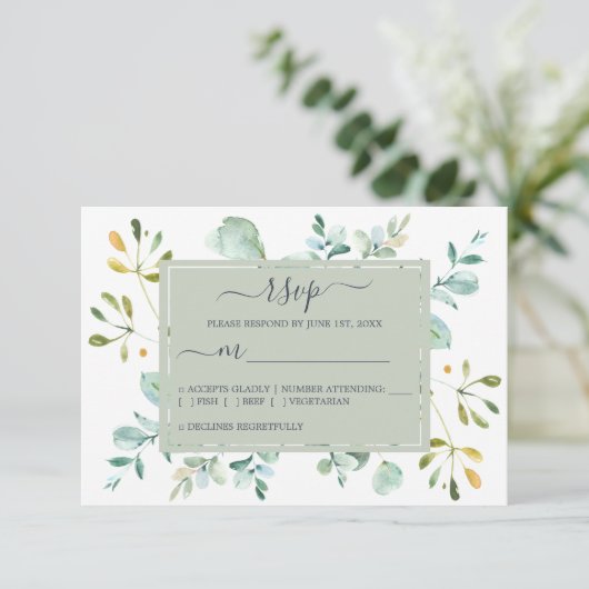 シックネイビーブルーグリーンユーカリプトゥスボタニカル結婚ズ 出欠カード (スタンド正面)
