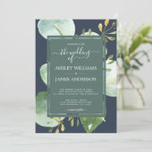 シックネイビーブルーグリーンユーカリプトゥスボタニカル結婚ズ 招待状 (スタンド正面)