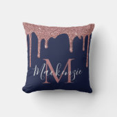 シックネイビーブルーバラ金ゴールドグリッタードリップスモノグラム クッション (正面)