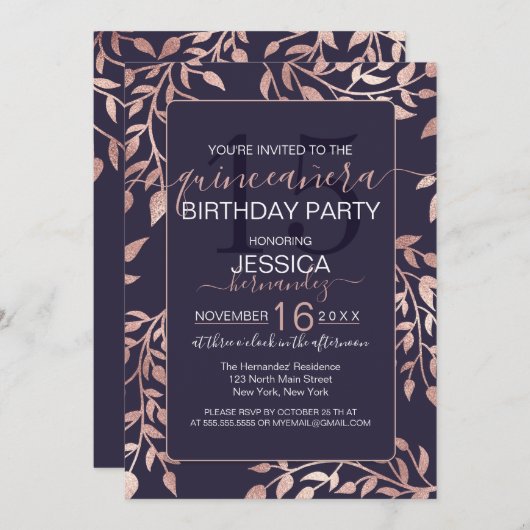 シックネイビーブルーバラ金ゴールド離れフローラキンセアニラ 招待状 (正面/裏面)