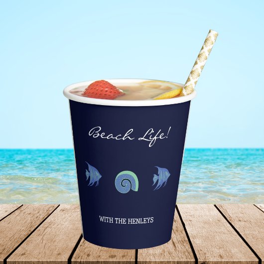 シックネイビーブルーファミリーネームシェルフィッシュビーチハウス 紙コップ