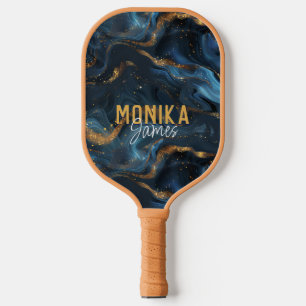 シックネイビーブルーフェイク金ゴールドグリッターマーブルモノグラム ピックルボールラケット