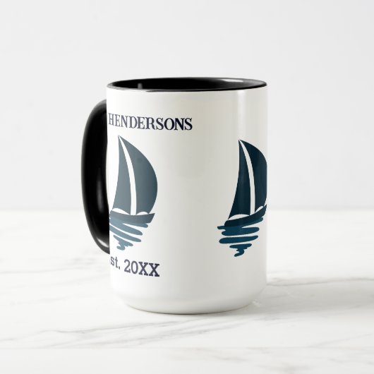 シックネイビーブルーボートファミリーネームヨット マグカップ (正面左)