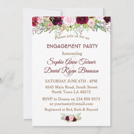 シックネイビーブルーマルサラフローラ婚約パーティ 招待状 (正面)