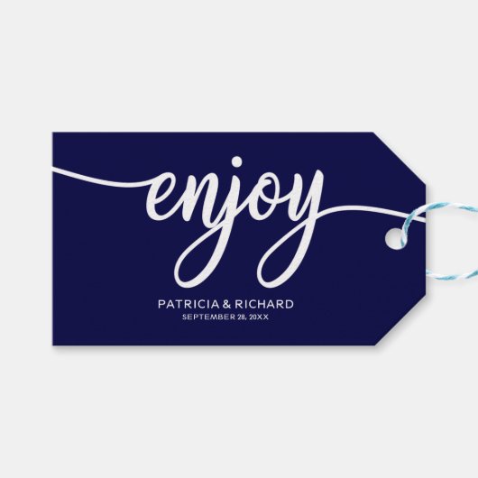 シックネイビーブルー楽しむ結婚式の引き出物ラベル ギフトタグ (正面(横))