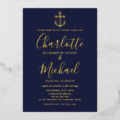 シックネイビーブルー航海のいかり結婚ズゴールドフォイル 箔招待状 (正面)