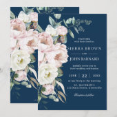 シックネイビーブルー赤面アイボリー牡丹フローラ結婚ズ 招待状 (正面/裏面)