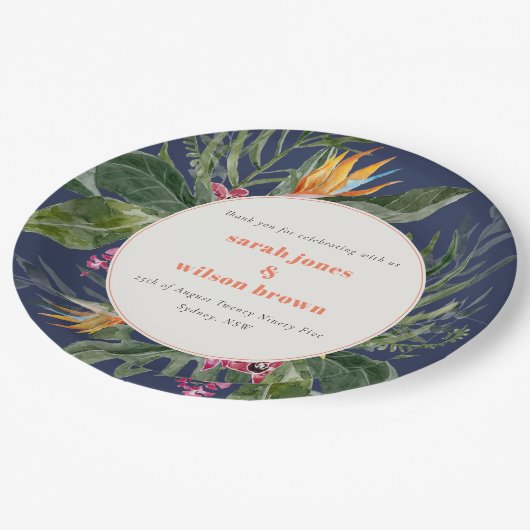 シックネイビーブルー赤面ボホトロピカルフローラ結婚ズ ペーパープレート (アングル)