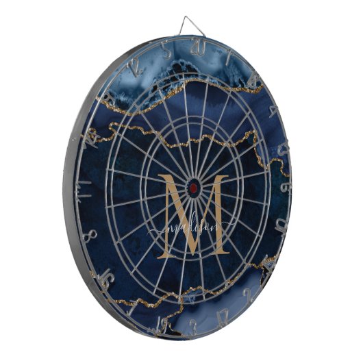 シックネイビーブルー金ゴールドグリッターアゲートゲーデモノグラム ダーツボード (正面左)