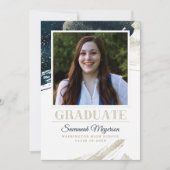 シックネイビーブルー金ゴールド抽象芸術卒業 案内状 (正面)