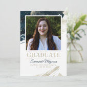 シックネイビーブルー金ゴールド抽象芸術卒業 案内状 (スタンド正面)