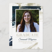 シックネイビーブルー金ゴールド抽象芸術卒業 案内状 (正面/裏面)