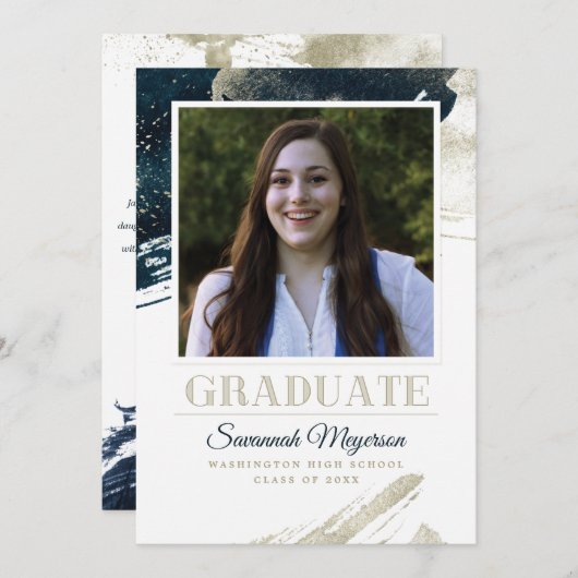 シックネイビーブルー金ゴールド抽象芸術卒業 案内状 (正面/裏面)