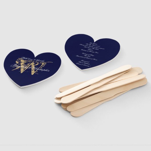 シックネイビーブルー&ホワイトモノグラム結婚式 プログラム ハンドファン (組立なし)