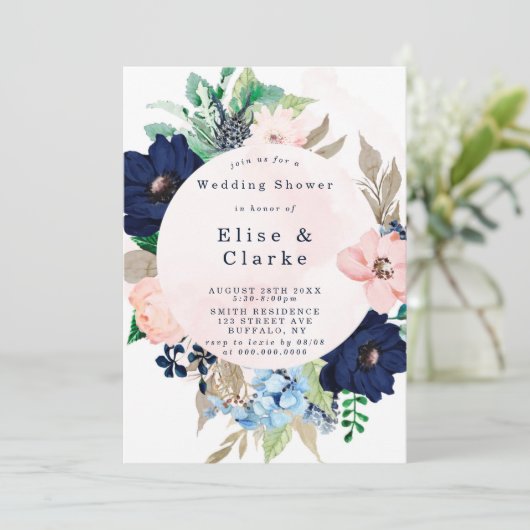 シックネイビー赤面ピンクフローラウェディングシャワー招待状 (スタンド正面)