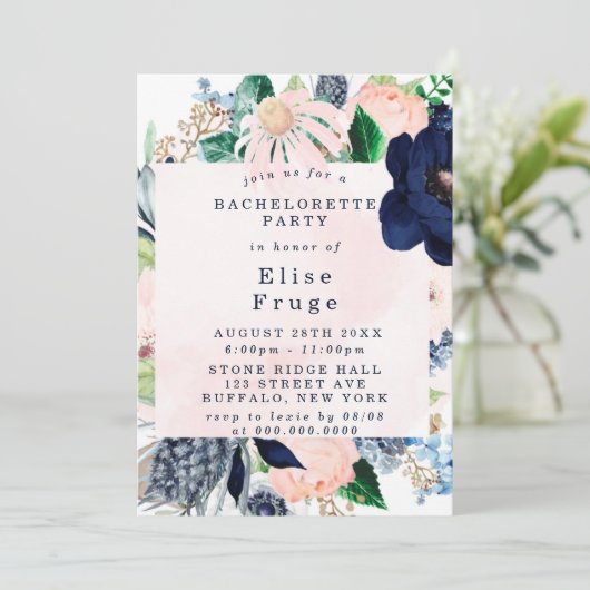 シックネイビー赤面ピンク花模様バチェロレッテ 招待状 (スタンド正面)