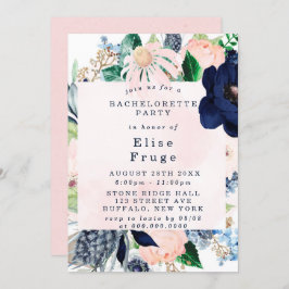 シックネイビー赤面ピンク花模様バチェロレッテ 招待状