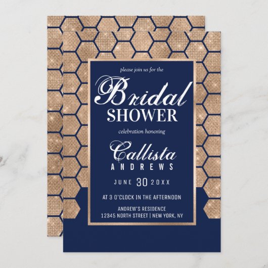 シックネイビー金ゴールドグリッター六角ジオブライダルシャワー 招待状 (正面/裏面)