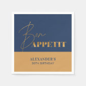 シックネイビー&金ゴールドボンアペティットスクリプト誕生日 スタンダードカクテルナプキン (正面)