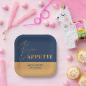 シックネイビー&金ゴールドボンアペティットスクリプト誕生日 ペーパープレート (パーティー)