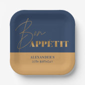 シックネイビー&金ゴールドボンアペティットスクリプト誕生日 ペーパープレート (正面)