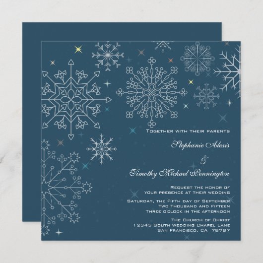 シックネービーブルーのスノーフレーク冬季結婚式の招待状 招待状 (正面/裏面)
