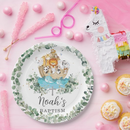 シックノアズアークグリーンリーバプテスマ《キリスト教》洗礼式や命名式 ペーパープレート (パーティー)