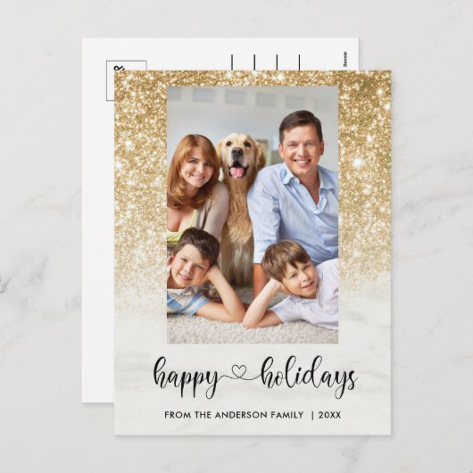 シックハッピーホリデイズフォト金ゴールドグリッター大理石 シーズンポストカード (正面/裏面)