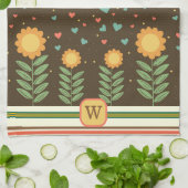 シックハートフローラルパターンブラウンモノグラムイニシャル キッチンタオル (折り畳み)