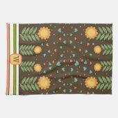 シックハートフローラルパターンブラウンモノグラムイニシャル キッチンタオル (横)