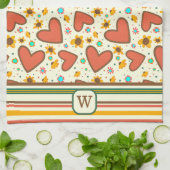 シックハートフローラルパターンモノグラムイニシャル キッチンタオル (折り畳み)