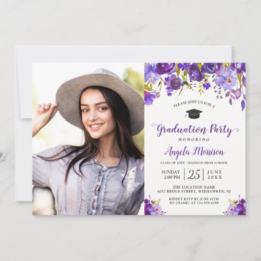 シックバイオレットパープルフローラ写真卒業パーティー 招待状 (正面)