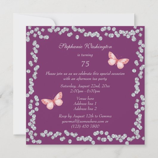 シックバターフライズ&ダイヤモンド75th誕生日 招待状 (裏面)