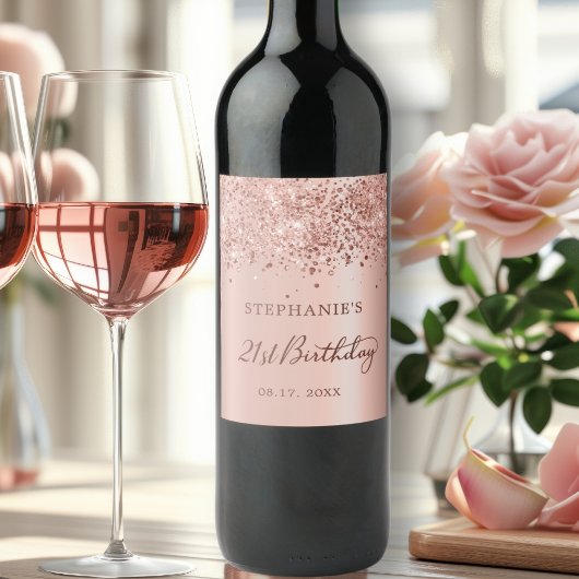 シックバラゴールドフォイルグリッター21stバースデーモノグラム ワインラベル