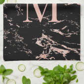 シックバラゴールドフォイルブラックマーブルモノグラム キッチンタオル (折り畳み)