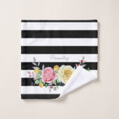 シックバラフローラトレンディーブラックストライプと名前 バスタオルセット (ウォッシュタオル)