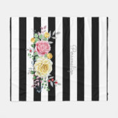 シックバラフローラトレンディーブラックストライプと名前 フリースブランケット (正面(横))