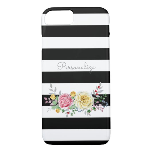 シックバラフローラトレンディーブラックストライプと名前 Case-Mate iPhoneケース (裏面)
