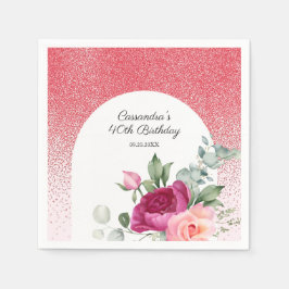 シックバラフローラレッドグリッター誕生日 スタンダードカクテルナプキン