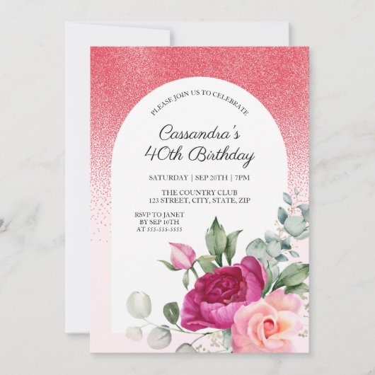 シックバラフローラレッドグリッター誕生日 招待状 (正面)