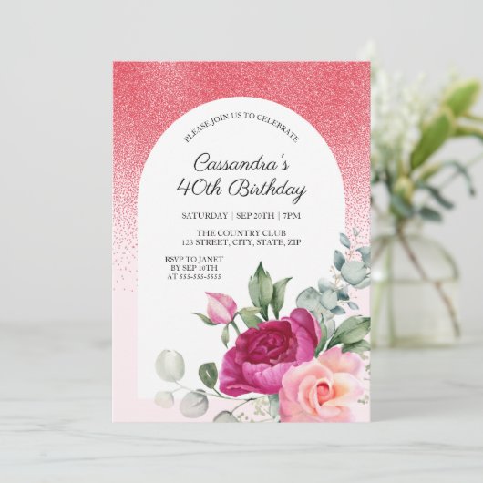 シックバラフローラレッドグリッター誕生日 招待状 (スタンド正面)