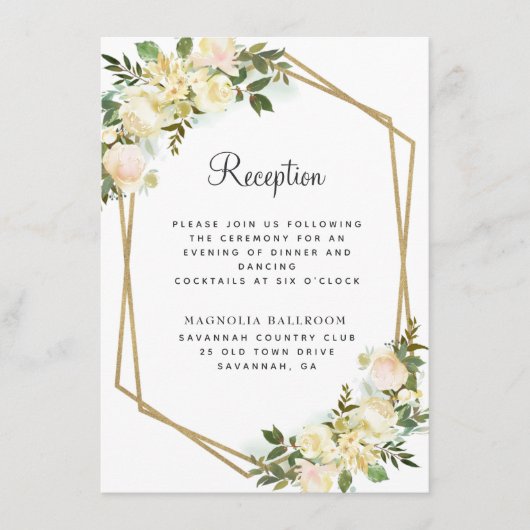 シックバラフローラ金ゴールドウェディングレセプションホワイト エンクロージャーカード (正面)