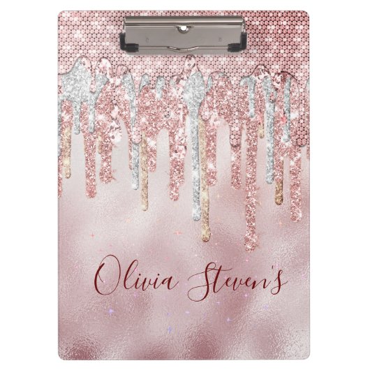 シックバラ赤面金ゴールドグリッタードリップモノグラム クリップボード (正面)