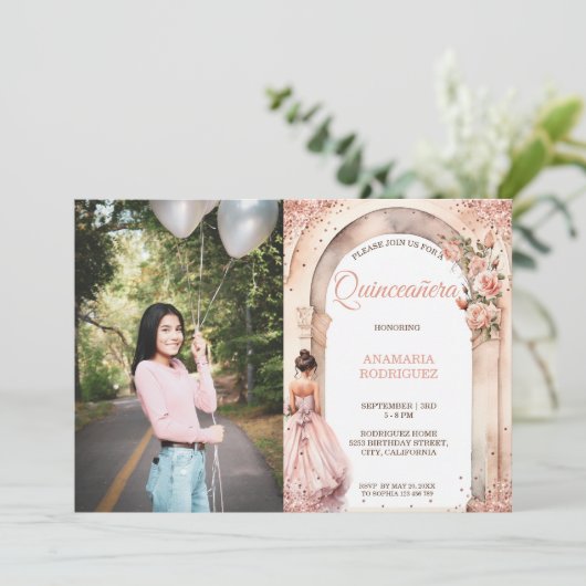 シックバラ金ゴールドキンセアニラドレスフローラアーチ写真 招待状 (スタンド正面)