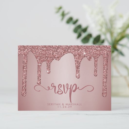 シックバラ金ゴールドグリッタースパークルウェディングRSVP 出欠カード (スタンド正面)