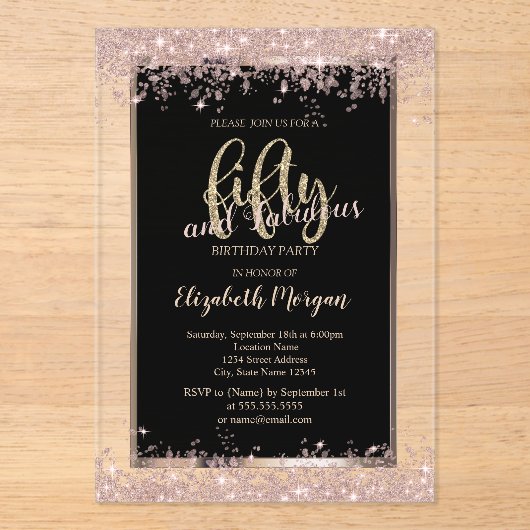 シックバラ金ゴールドグリッタースパークルズ50th誕生日 アクリル招待状 (正面)