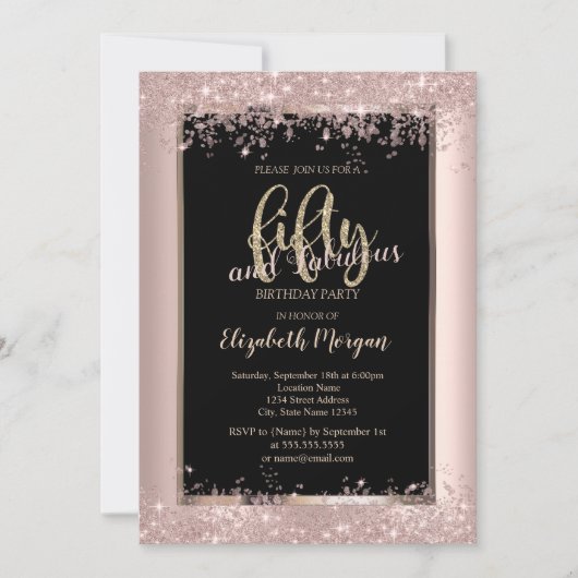 シックバラ金ゴールドグリッタースパークルズ50th誕生日 招待状 (正面)