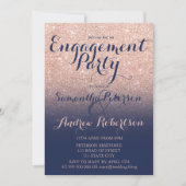 シックバラ金ゴールドグリッターネイビーブルー婚約パーティ 招待状 (正面)