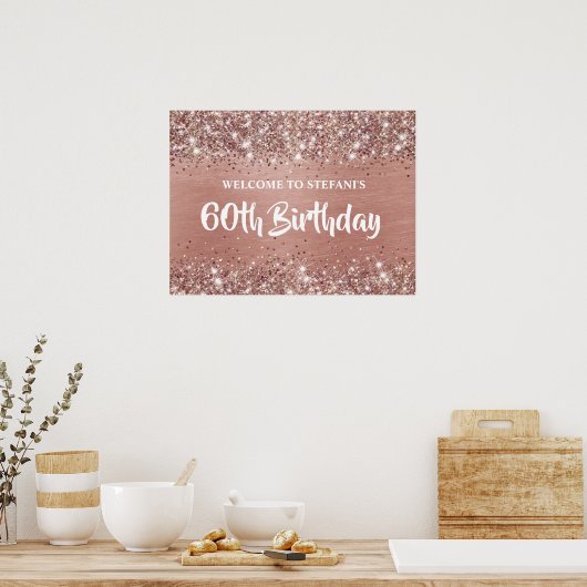 シックバラ金ゴールドグリッターフォイル65th誕生日へようこそ ポスター (キッチン)